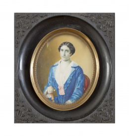 467.  ESCUELA ESPAÑOLA, h. 1855Retrato de dama con abanico.