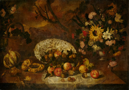 878.  CIRCULO DE TOMAS HIEPES (Escuela valenciana, siglo XVII)Bodegón de frutas en un cuenco de porcelana oriental y florero sobre un paisaje..