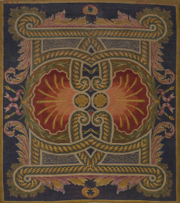 1302.  Alfombra en lana de nudo español, con campo en azul y decoración sogueada con conchas. Firmada y fechada.Real Fábrica de Tapices, Madrid, 1940..