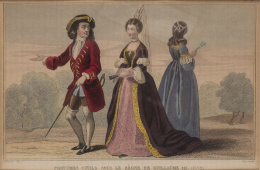 270.  LALAISSE (del), PROT (sculp), y DEMORCUNE (del.), TAILLOU (sculp.)“Costumes civils sous le Régne de Guillaume III”, “Costumes au commencement du règne de Louis XIV”, “Sultan et sultane Kirguis y Feme et cavalier Kirguis”.