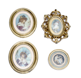 273.  ESCUELA FRANCESA, SIGLO XIX-XXConjunto de tres retratos de dama y un grabado de L’Amour désarmé.