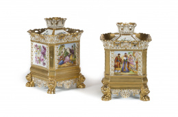 864.  Pareja de “pot-pourries” de porcelana esmaltada y doradas con escenas chinescas y ramilletes de flores. París, fábrica de Fontainbleau, Belleville, medidados S. XIX