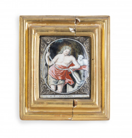440.  San Juan Bautista y el cordero.Placa de esmalte de Limoges con marco de madera dorada.Francia, S. XIX.