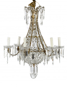 847.  Lámpara de techo de seis luces estilo Luis XVI con sartas de cristal .España S. XX.
