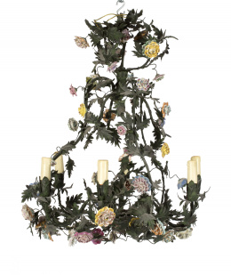 491.  Lámpara seis luces de metal con decoración de ramas y flores.S. XX.