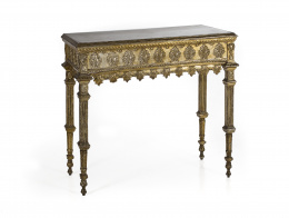 1275.  Consola de madera tallada, dorada y estucada, friso decorado con palmetas y patas acanaladas.Trabajo italiano, S. XIX..
