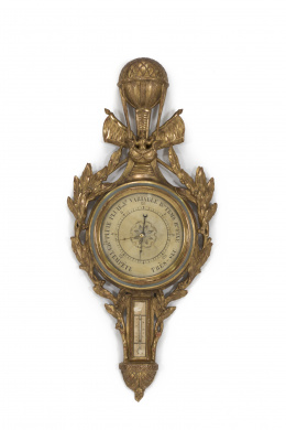 860.  Barómetro con forma de globo, madera tallada y dorada.Francia,pp. s.XIX.