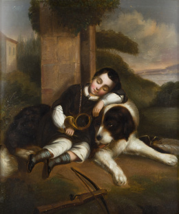 233.  ESCUELA INGLESA SIGLO XIXRetrato de niño y de niña con perros.