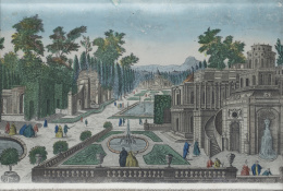 212.  ESCUELA FRANCESA S. XIXVista óptica: Vue du Serail de Grand Seigneur ou la Grande Sultane fait sa de meure; Pris du Coté du Jardin a Constantinople.