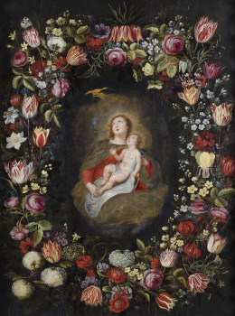 259.  ESCUELA FLAMENCA SIGLO XVIIVirgen con Niño en orla de flores.
