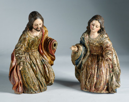 336.  “San José y la Virgen”, parte de un nacimiento, en madera tallada, estucada, policromada y dorada.Escuela Quiteña, S. XVIII..