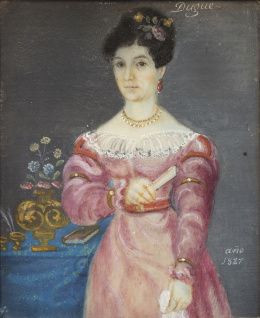 252.  DUGUÉ (Escuela francesa, siglo XIX)Retrato de dama, 1827.