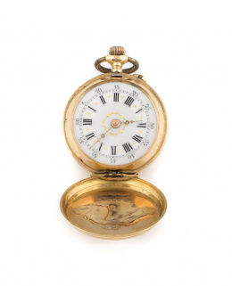 864.  Reloj saboneta de señora con esmaltes en oro de 18K pp s.XX