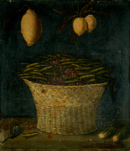 238.  ATRIBUIDO A MIGUEL DE PRET (Amberes, 1595 - Zaragoza, 1644)Cesta con guisantes y cerezas, una berenjena y dos pepinos sobre una ventana de la que cuelgan unos limones..