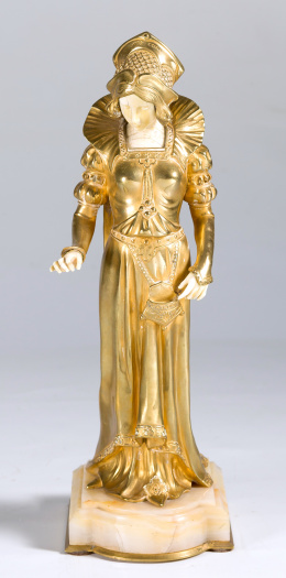 1128.  Etienne Watrin.Escultura crisoelefantina, Art Nuveau, dama cortesana dando limosna.Francía,ff s.XIX - 1915.