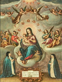 892.  ESCUELA ESPAÑOLA O COLONIAL, SIGLO XVIIISor María Jesús de Agreda y otra monja Concepcionista ante la Virgen con el Niño rodeados de ángeles músicos..
