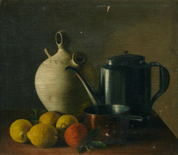 484.  ESCUELA ESPAÑOLA, SIGLO XIX“Limones, tinaja en cerámica, jarro en metal y cazo” 
