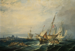 511.  EUGENIO LUCAS VELÁZQUEZ (Madrid, 1817 - 1870)Vista costera con veleros y pescadores