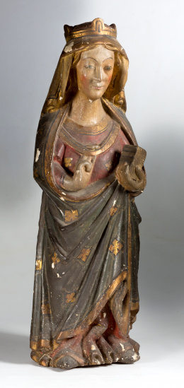 528.  “Virgen”De madera tallada, policromada y dorada.Siguiendo modelos góticos, S. XIX- S. XX..