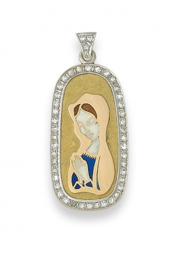 119.  Medalla colgante con Virgen de esmalte y marco de brillantes.
