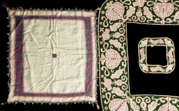 428.  Cenefa de paño de cáliz imitación, de encaje de Milán, en seda verde y encarnada e hilo blanco.S. XVII,.
