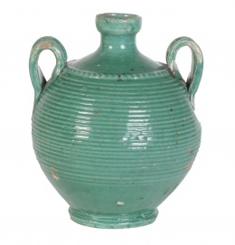 706.  Aceitera de dos asas esmaltado en verde, Andalucía, S. XIX.