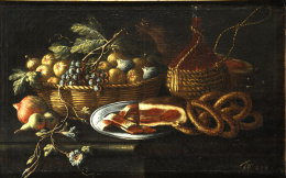 393.  CARO (Escuela napolitana, S. XVIII)Bodegón con cesto de frutas y garrafa