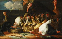 392.  CARO (Escuela napolitana, S. XVIII)Bodegón con pavos y gallinas