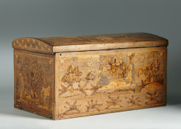 533.  Arqueta de marquetería con decoración de escenas narrativas, y flores de influencia oriental.Ecuador o Perú, S. XVIII..