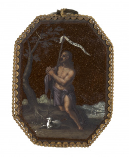 1441.  El Buen Pastor y Llanto sobre Cristo MuertoMedalla devocional pintada sobre venturina.Trabajo italiano o español, S. XVII .