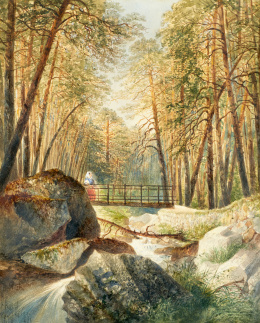 819.  PEDRO PEREZ DE CASTRO (Madrid, segunda mitad siglo XIX)Paisaje con mujer en un puente..