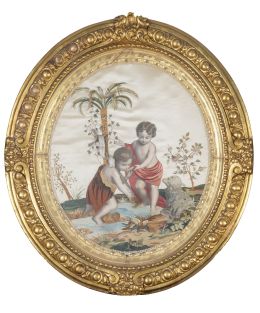 1180.  San Juanito y el cordero con el Niño Jesús.Bordado en hilos de color sobre seda y papel grabado. Con marco de madera tallada y dorada de la época.España, S. XIX.