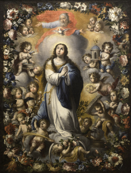880.  ANDRÉS PÉREZ (1660-1727)Inmaculada con Trinidad y un cortejo de ángeles inserta en una orla de flores.
