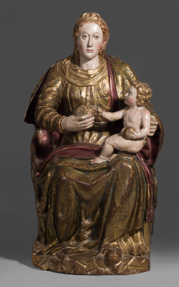 631.  Escuela castellana, S. XVI“Virgen sedente con Niño”Madera tallada, estucada, policromada, dorada y esgrafiada..