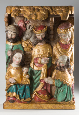 375.  “Natividad”Madera tallada, dorada y policromada.Escuela española, siguiendo modelos del S. XV.