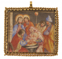 12.  Colgante S. XVII con escena de circuncisión de Cristo pintada, en marco de oro