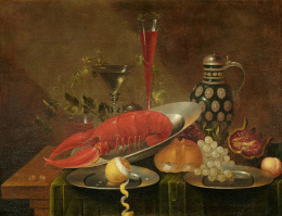 814.  ESCUELA ESPAÑOLA, SIGLO XIXBodegón de langosta y otras frutas..