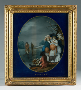 957.  “January”Cristal `pintado al revés de temática europea.Trabajo chino para la exportación, h. 1795.