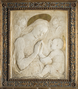 1181.  Madonna con niñoEn estuco sigue modelos de Desiderio da Settignano Trabajo italiano h. 1900.