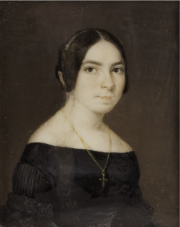 831.  ESCUELA ESPAÑOLA, SIGLO XIXRetrato de dama con vestido negro y cruz.