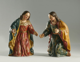 366.  “San José y la Virgen”Madera tallada, policromada y ojos de pasta vítrea.Escuela quiteña, S. XVIII..