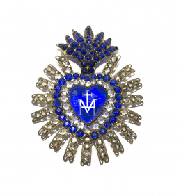 406.  Pectoral Virgen con forma de corazón de metal y cristal trasparente y azul.Trabajo español, S. XVIII-XIX.