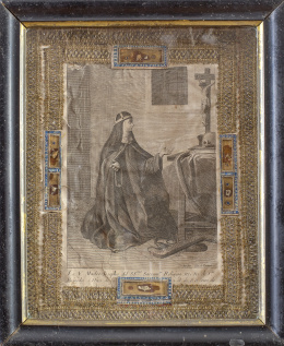 1000.  “Madre Josefa del Santísimo Sacramento Recoleta de Santa Brígida”, grabado con reliquias aplicadas, enmacardas por galones dorados.Trabajo conventual, S. XIX.