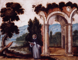 2050.  JOSÉ ORIENT (Valencia, hacia 1649- después de 1714)“Paisaje con santo Domingo de Guzmán entre ruinas”.