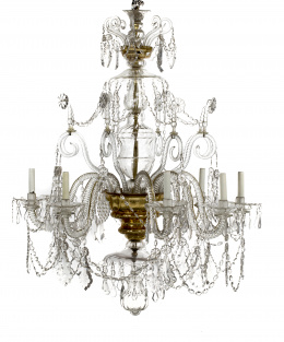 504.  Lámpara de techo de ocho brazos de luz con pandelocas y guirnaldas de cristal soplado.La Granja, S. XIX.