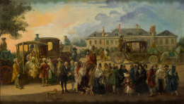 948.  ESCUELA ESPAÑOLA, SIGLO XIXCarrozas de paseo frente a un palacio..