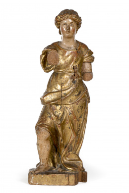 1188.  “Ángel”, escultura en madera tallada policromada y dorada.Italia, ff. S. XVI.