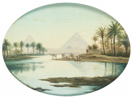 202.  ESCUELA FRANCESA, SIGLO XIXPar de vistas de El Cairo, con el Nilo y la pirámides de Gizeh al fondo..