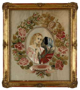 1007.  “Señora y Criada” bordado a pintura, en “petit-point”, papel grabado y abalorios aplicados.Con un marco de madera tallada, estucada y dorada de finales del S. XIXQuizás colonial, S. XIX..