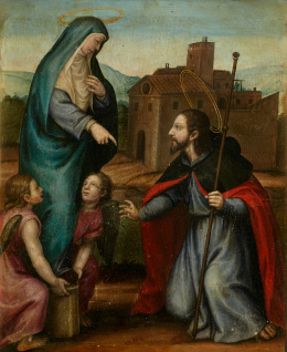 237.  ATRIBUIDO A NICOLÁS BORRÁS (Escuela valenciana, siglo XVI)Aparición de la Virgen del Pilar a Santiago Apóstol..